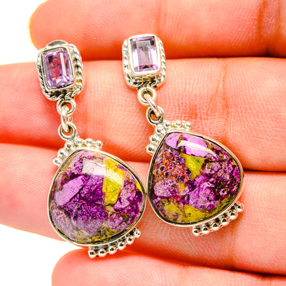Amethyst drop earrings with oval purple cabochons, silver beaded frames, dangling links