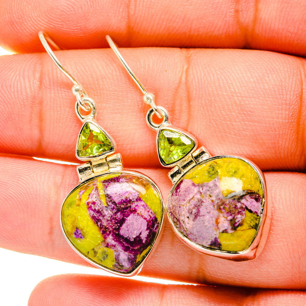 Sterling silver heart drop earrings with green peridot accents and purple-lavender centers