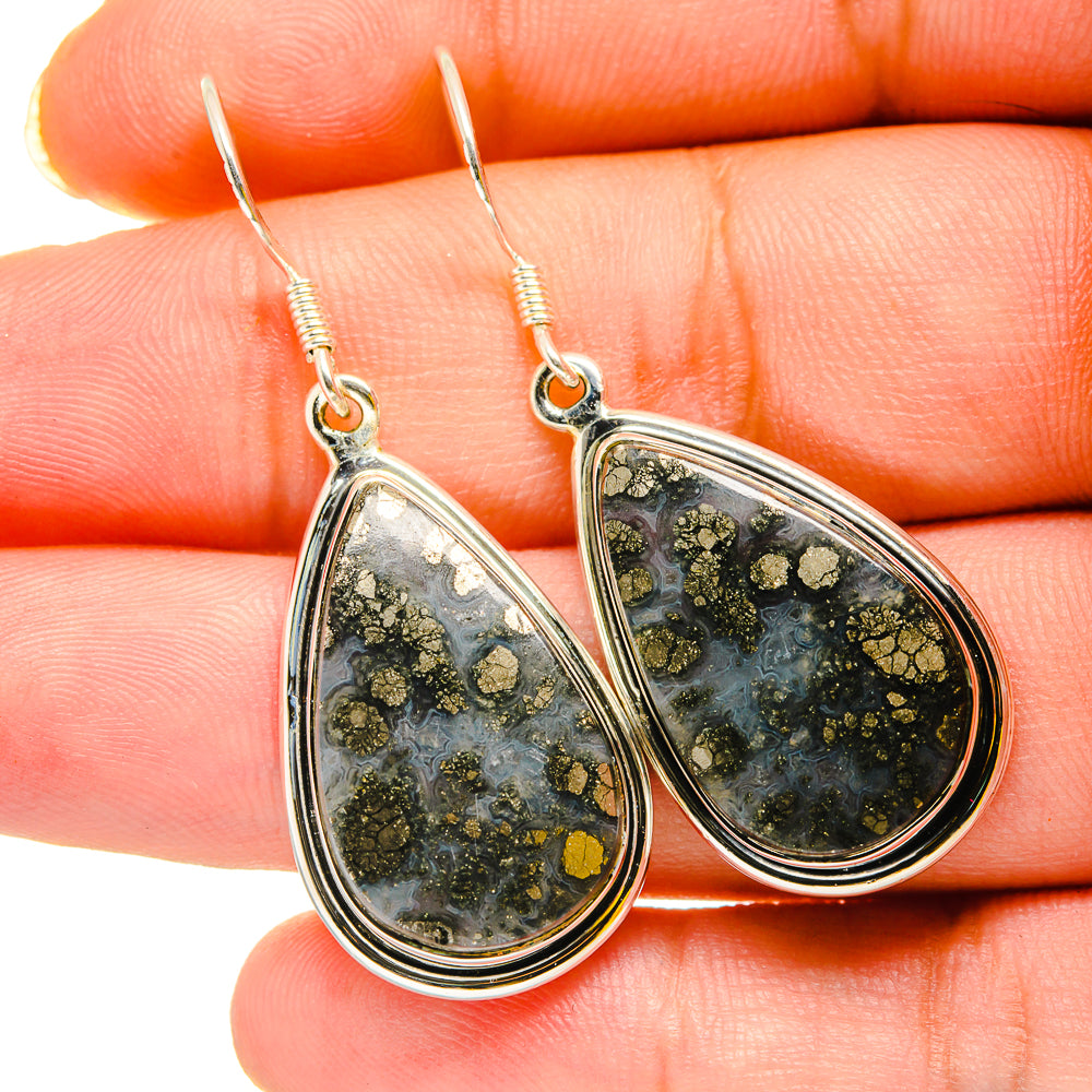 Teardrop pyrite agate earrings in sterling silver, textured gold-and-black stone cabochons
