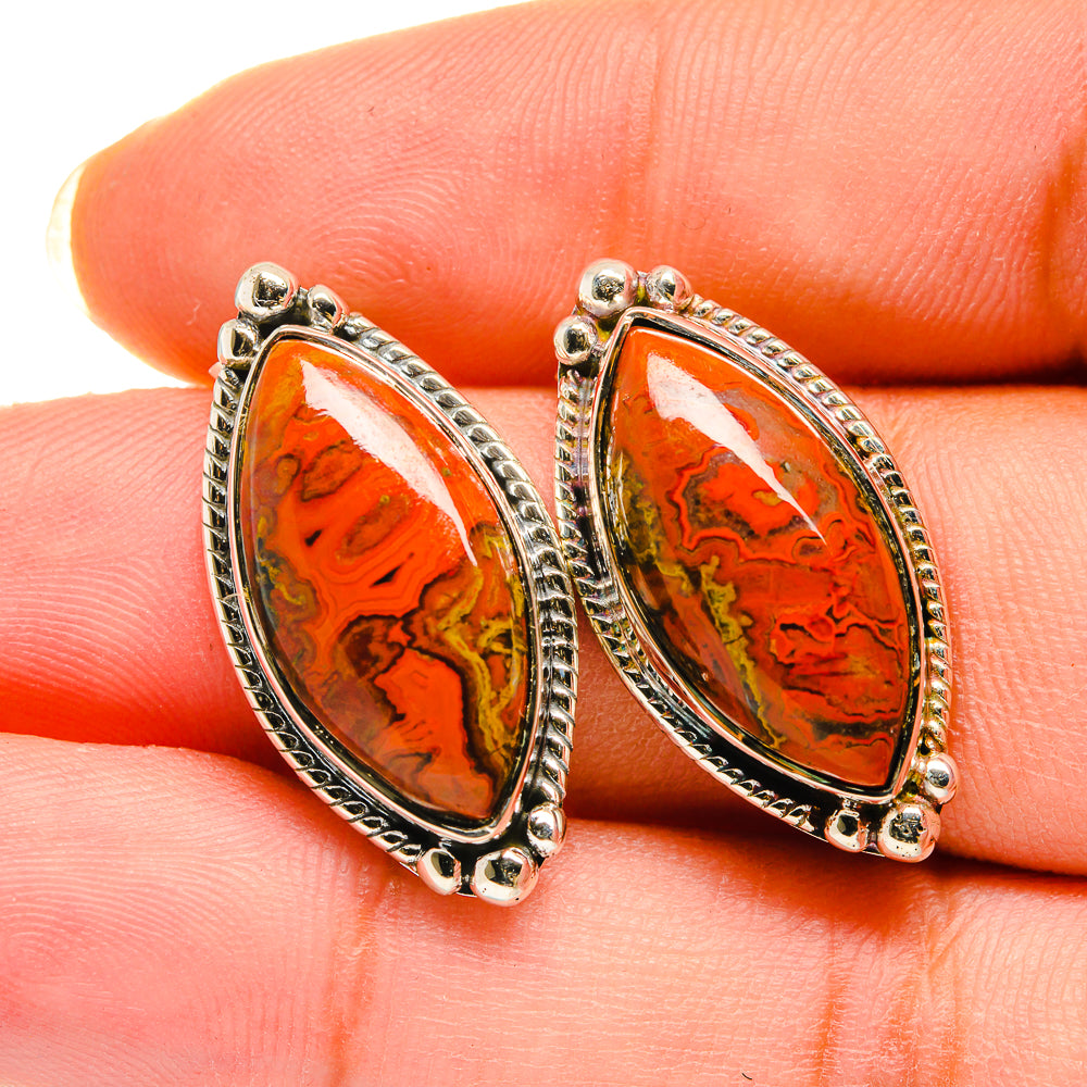 Oval ocean jasper style earrings in sterling silver, orange marbled stone close-up
