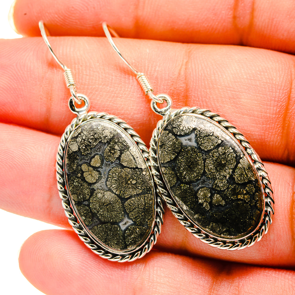 Oval pyrite agate earrings with rope-edge silver frames, fishhook backs