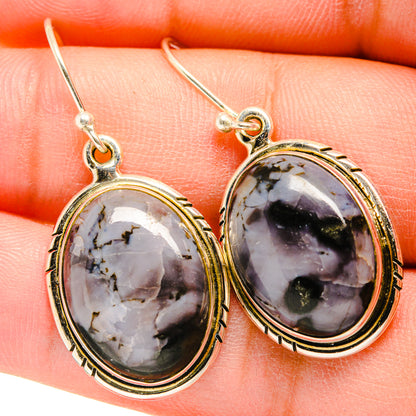 Gabbro stone oval drop earrings with detailed gold-tone rim and sterling silver hooks