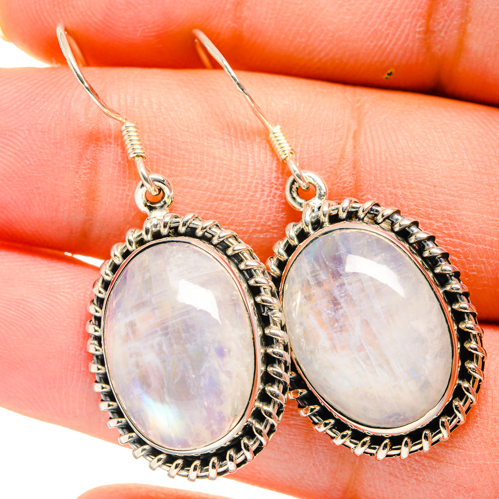 Oval moonstone drop earrings in 925 sterling silver with beaded oval setting