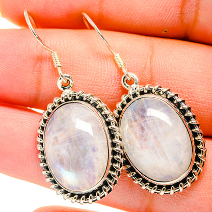 Oval moonstone drop earrings in 925 sterling silver with beaded oval setting