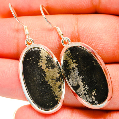 Oval pyrite agate earrings in sterling silver, black stone with gold speckled glow