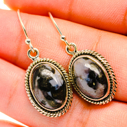 Oval gabbro stone earrings in braided silver frames, 925 sterling hook drops