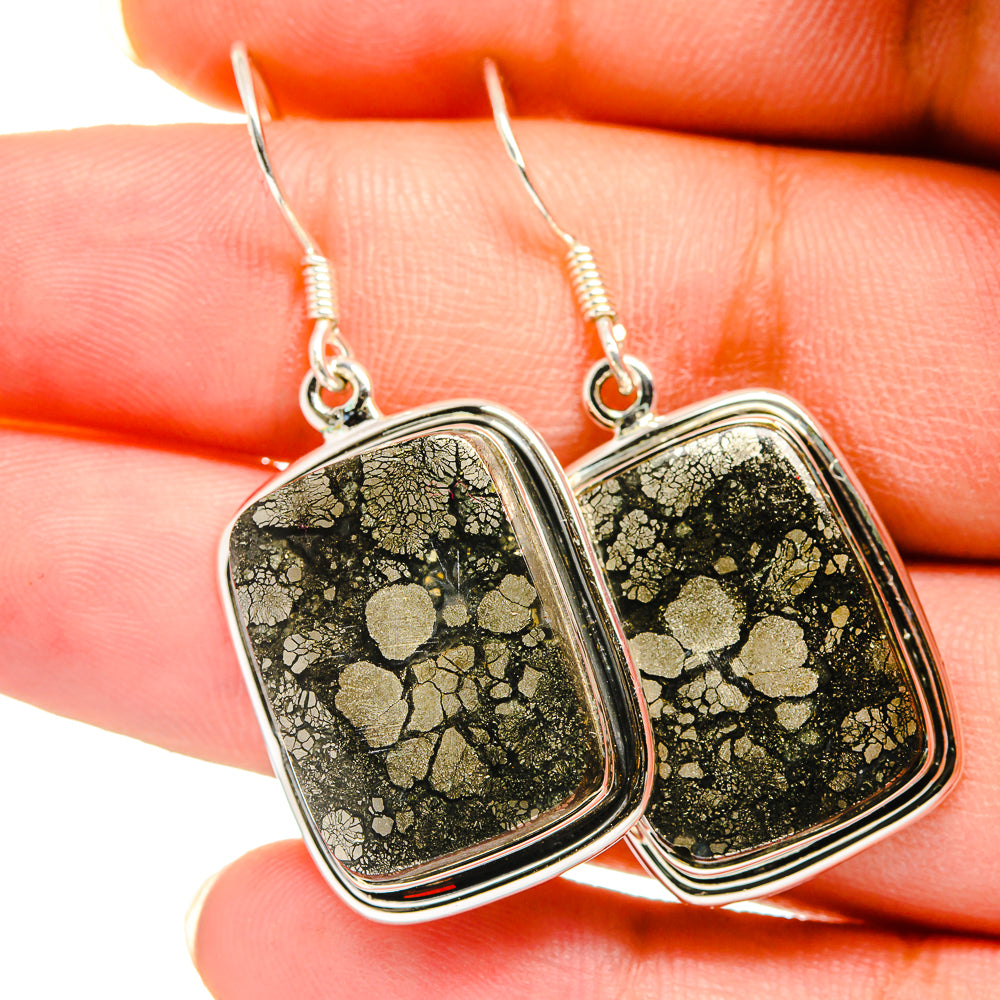Sterling silver earrings with black pyrite-agate square pendants and fishhook hooks