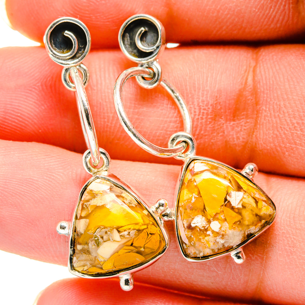 Sterling silver mookaite earrings with amber triangular stones and dangling loop hooks