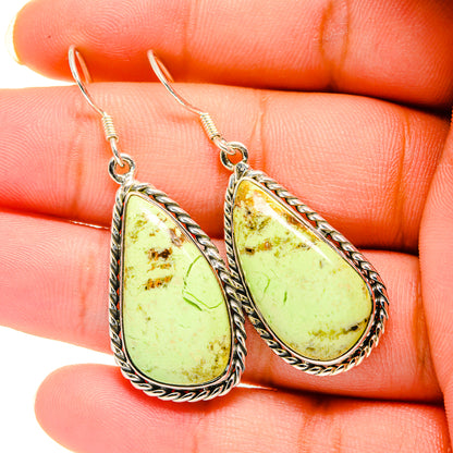Teardrop chrysoprase earrings with lemon-green stone and silver rope-edge settings