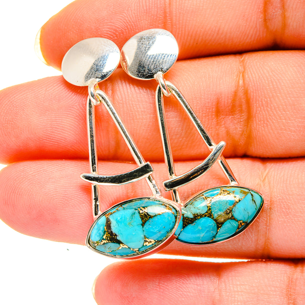 Turquoise dangle earrings with oval stones, silver-tone metal, round top discs