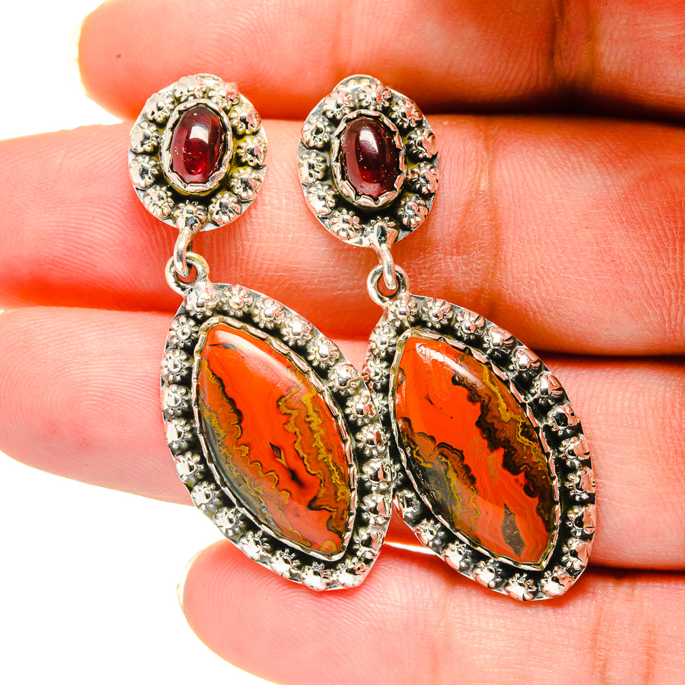 Sterling silver drop earrings with red bezel top and orange-red agate ovals