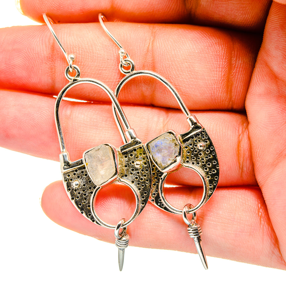Moonstone drop earrings, silver-tone textured hoops with pale square stones and spikes