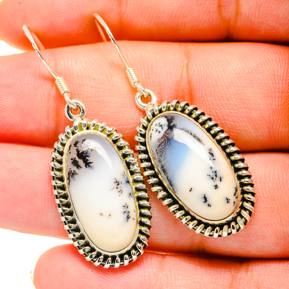 925 sterling silver dendritic opal earrings, oval bezel-set white stones with black specks