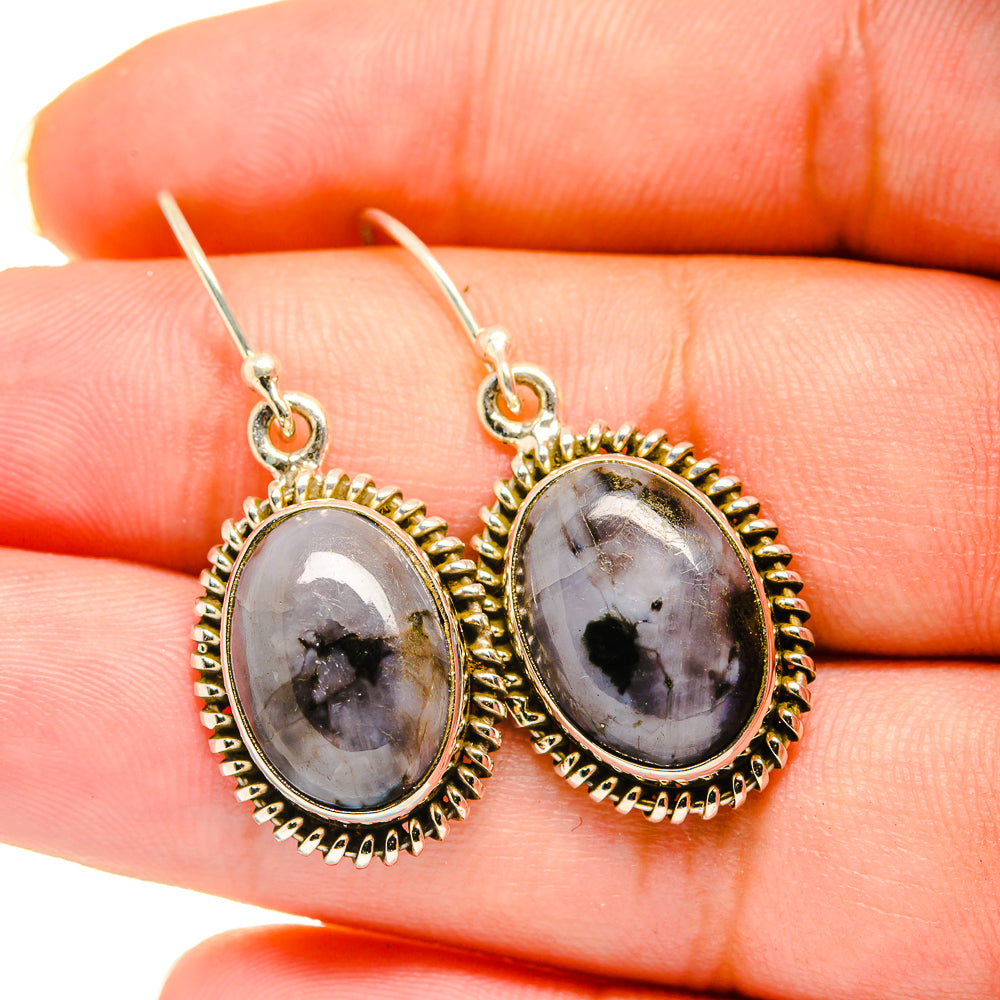 Oval gabbro stone earrings, 925 sterling silver hooks with textured bezel