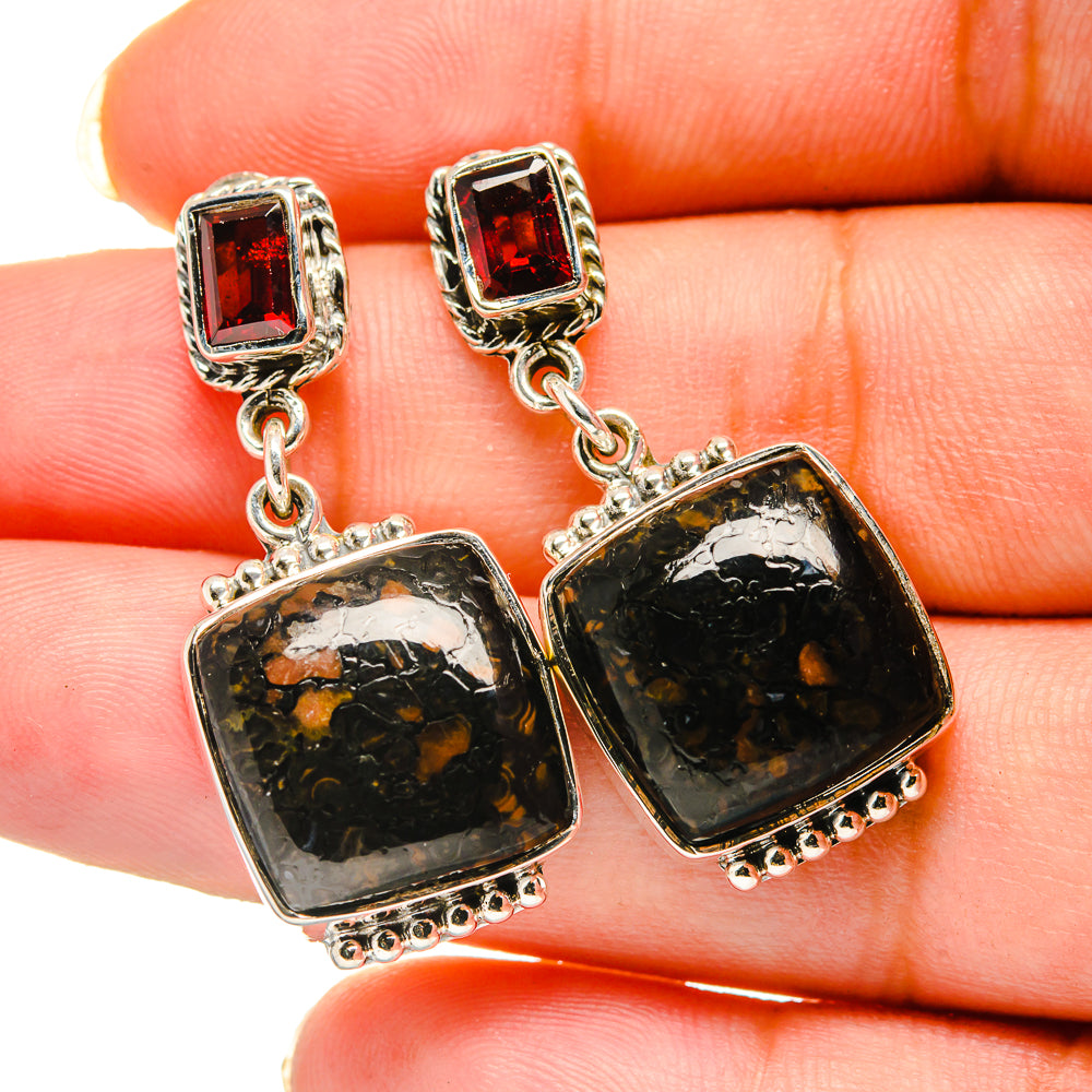 Garnet dangle earrings with square black stones and red top accents