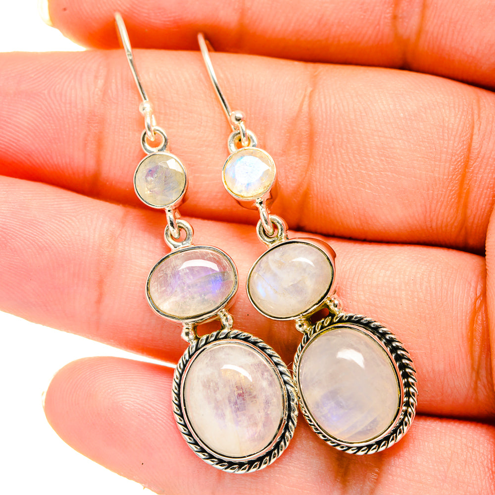 925 sterling silver moonstone drop earrings, oval rainbow stones on lever hooks