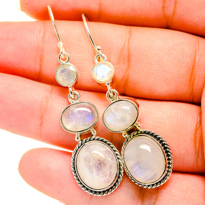 925 sterling silver moonstone drop earrings, oval rainbow stones on lever hooks