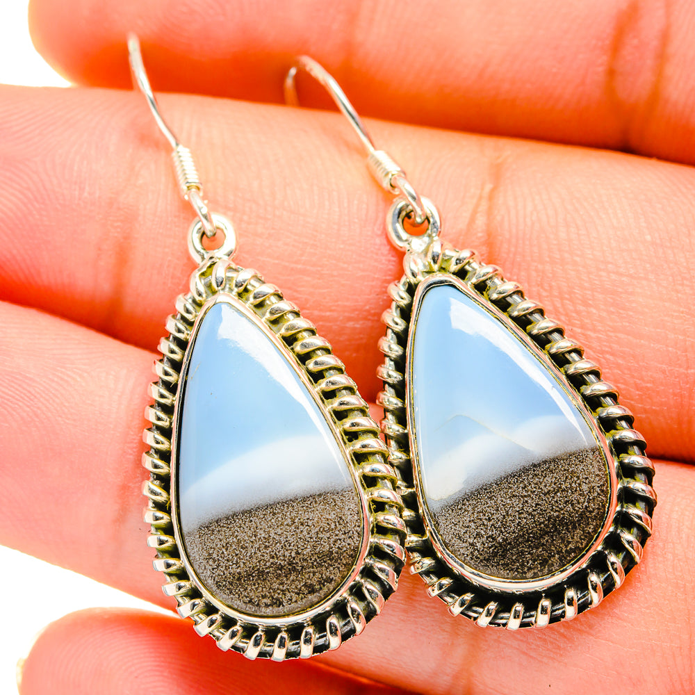 Teardrop opal earrings in 925 sterling silver, blue-and-gold stone drops, dangle hooks