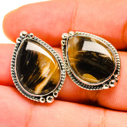 Sterling silver jasper teardrop stud earrings with orange-brown stone, scalloped bezel