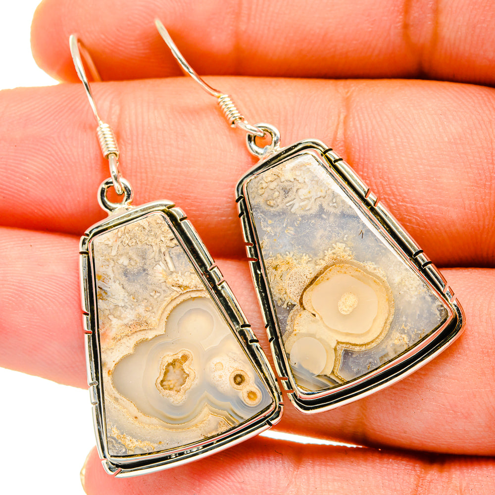 Square jasper drop earrings, cream and gold stone, sterling silver bezel