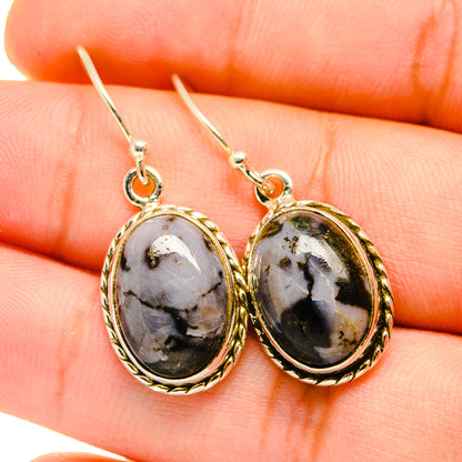 Gabbro stone oval drop earrings, black and gray marbled cabochons in gold-tone