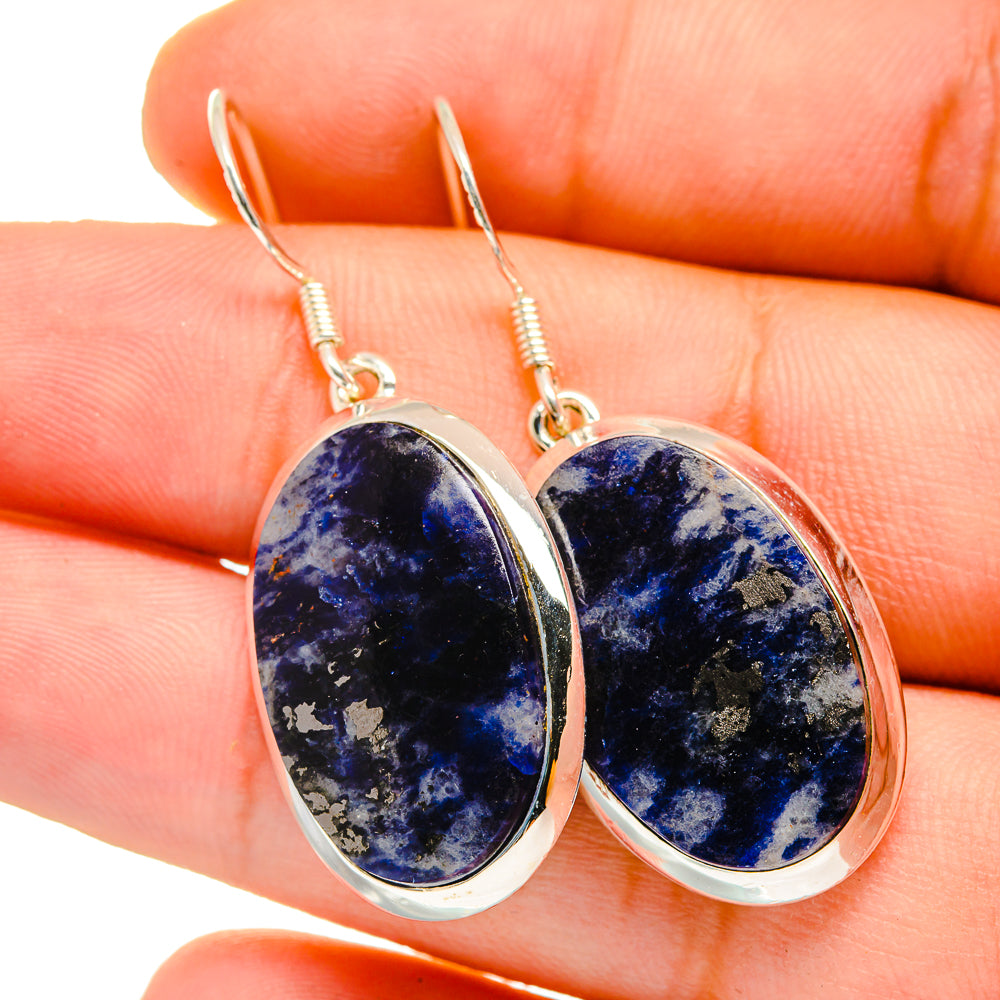 Sodalite oval dangle earrings, silver bezel and spring hooks