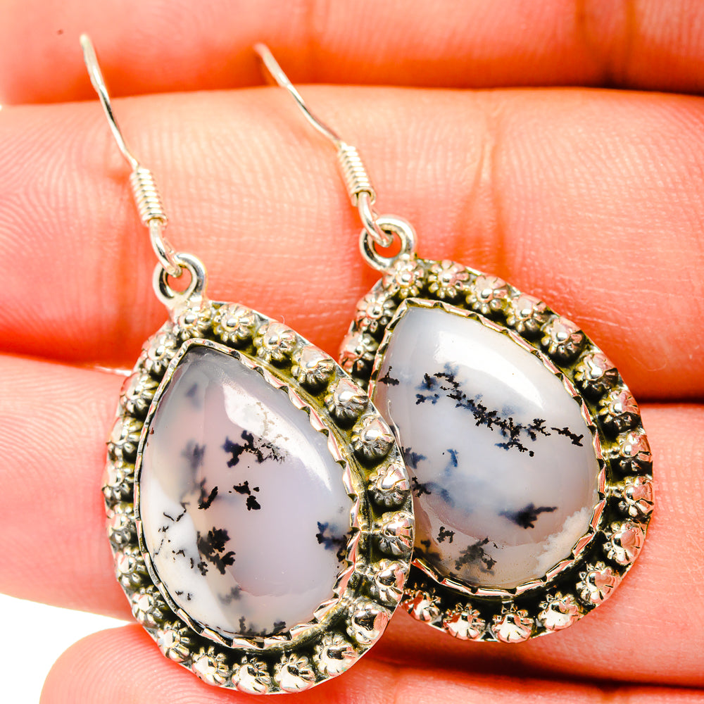 Sterling tone dendritic opal drop earrings, teardrop cabochons with dark dendrite markings
