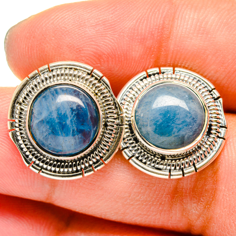 Kyanite earrings with round blue cabochon in 925 sterling silver beaded bezel