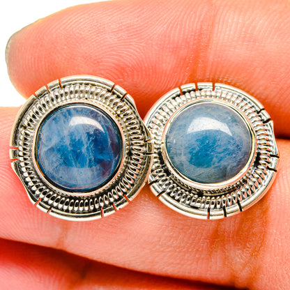 Kyanite earrings with round blue cabochon in 925 sterling silver beaded bezel