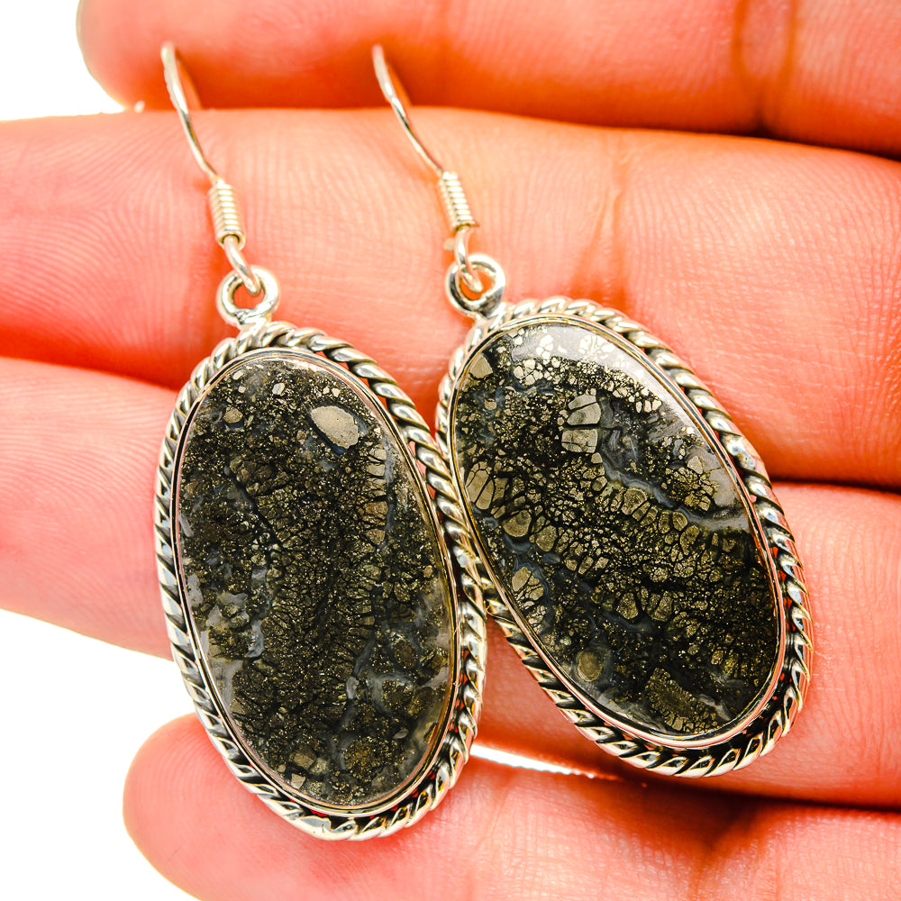 Oval pyrite agate earrings, sterling silver bezel with gold-speckled black stone, hook drops