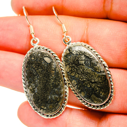 Oval pyrite agate earrings, sterling silver bezel with gold-speckled black stone, hook drops