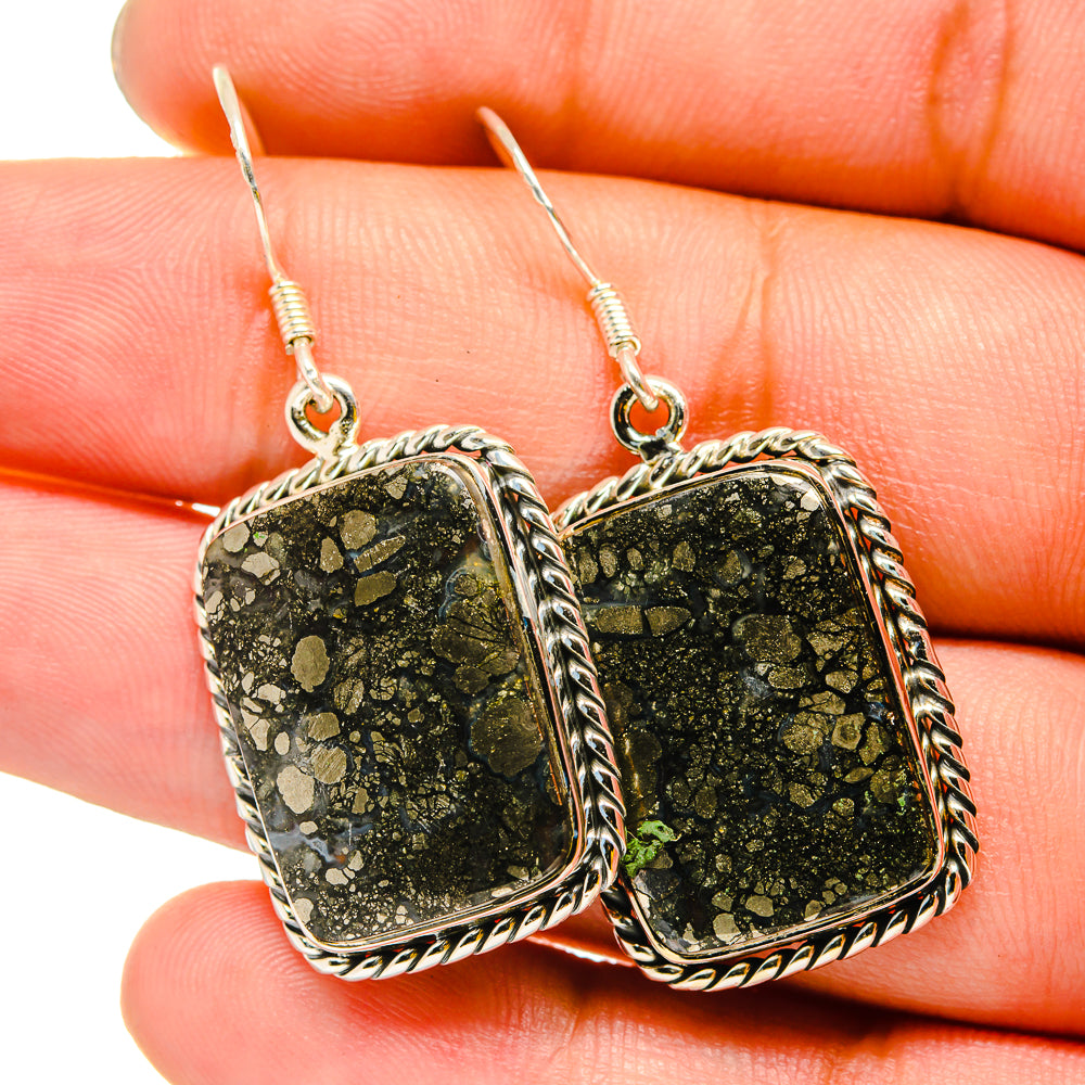 925 sterling silver pyrite agate drop earrings with black-gold stone and braided border