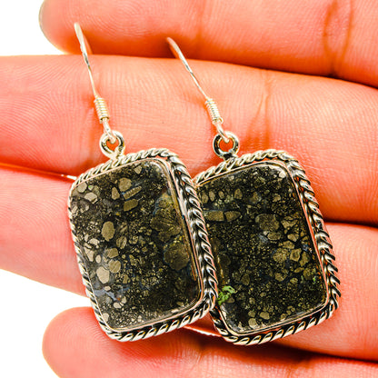 925 sterling silver pyrite agate drop earrings with black-gold stone and braided border