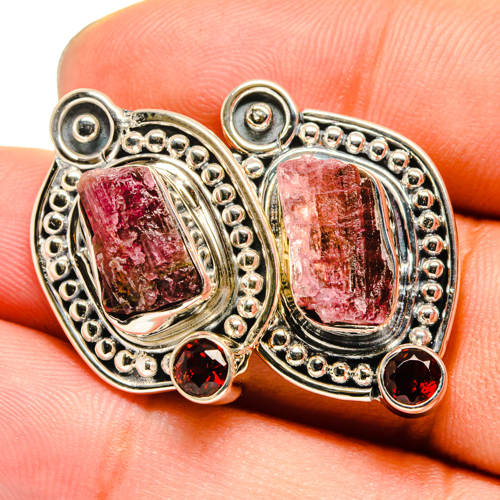 925 sterling silver earrings with rough pink tourmaline ovals and red garnet accents