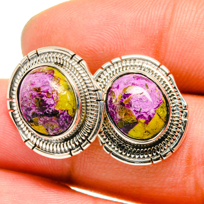 Sterling silver hoop earrings with oval purple-yellow gemstone cabochons