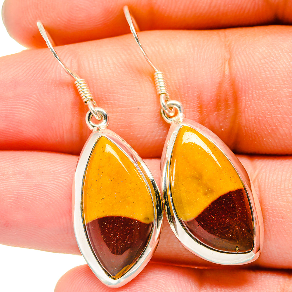 Mookaite teardrop earrings in 925 sterling silver with amber and dark brown stone
