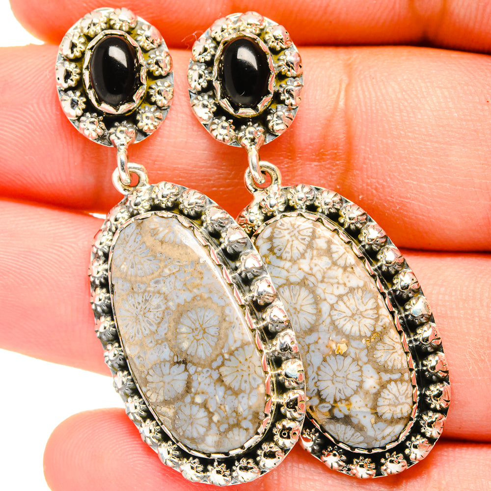 Fossil Coral, Black Onyx Earrings handcrafted by Ana Silver Co - EARR420959