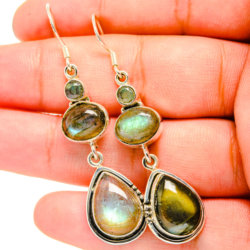 Labradorite drop earrings, sterling silver hooks with green, gold, and teardrop stones