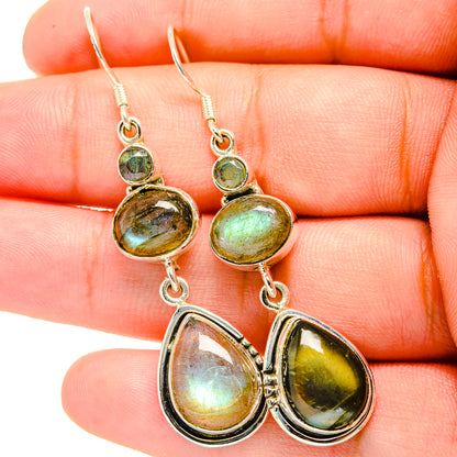 Labradorite drop earrings, sterling silver hooks with green, gold, and teardrop stones