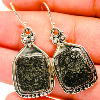 Sterling silver pyrite agate drop earrings with dark green-gold speckled teardrop stones