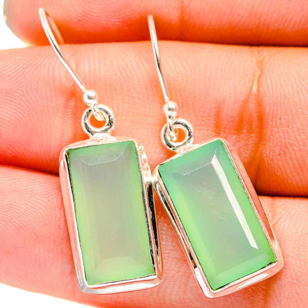 Green prehnite drop earrings with rectangular facets and silver lever hooks