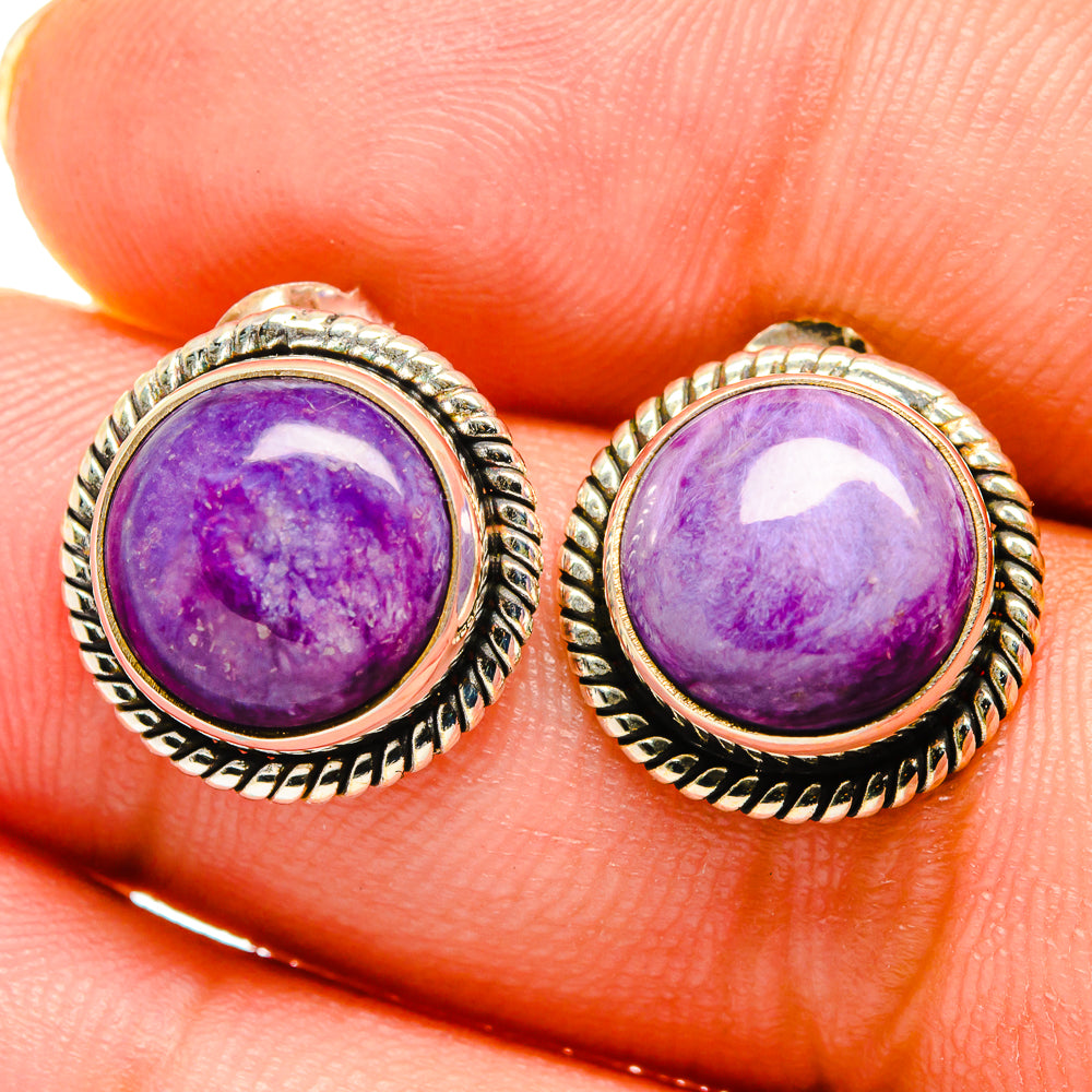 Round purple charoite gemstone stud earrings in 925 sterling silver rope bezel