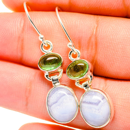 Sterling silver drop earrings with green peridot and white-lavender lace agate ovals