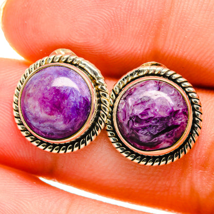 Oval purple cabochon stud earrings with twisted rope silver-tone bezel