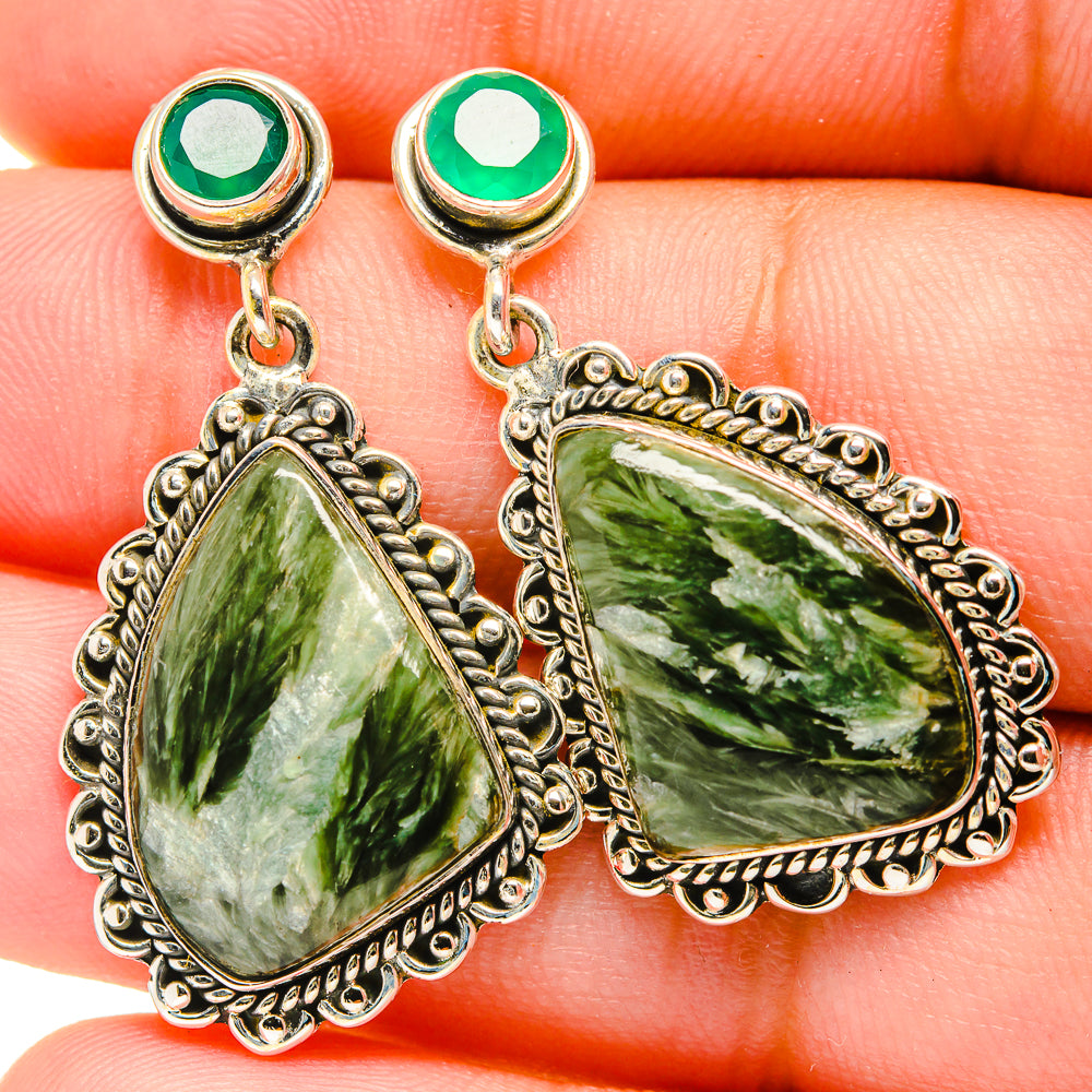 Seraphinite, Green Onyx Earrings handcrafted by Ana Silver Co - EARR421126