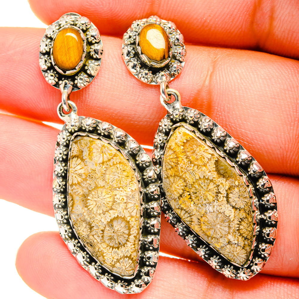Fossil Coral, Tiger Eye Earrings handcrafted by Ana Silver Co - EARR421136