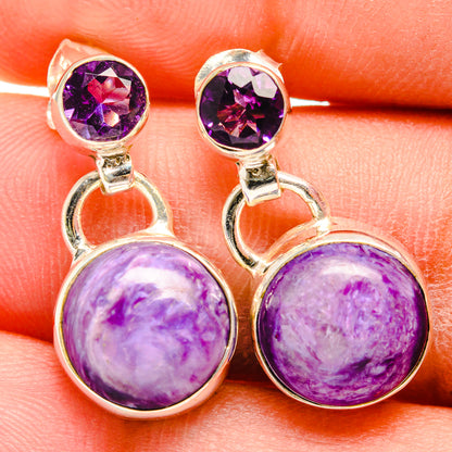 Purple gemstone drop earrings with round charoite cabochons and faceted amethyst accents
