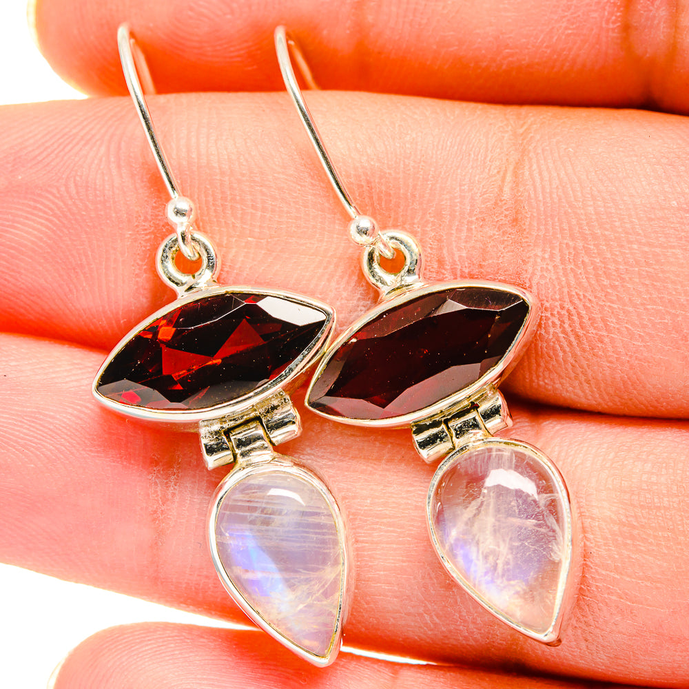 Garnet, Rainbow Moonstone Earrings handcrafted by Ana Silver Co - EARR421149