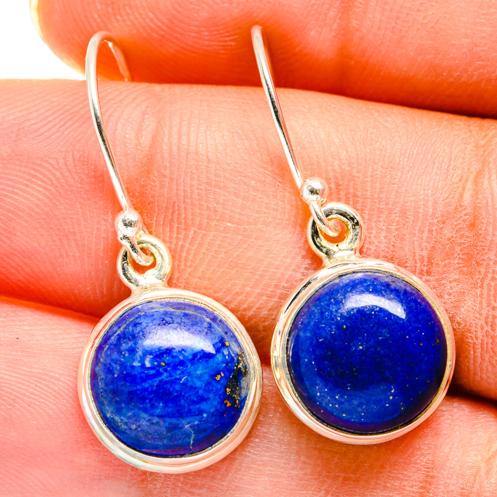 Round lapis lazuli drop earrings with blue stones in 925 silver hooks