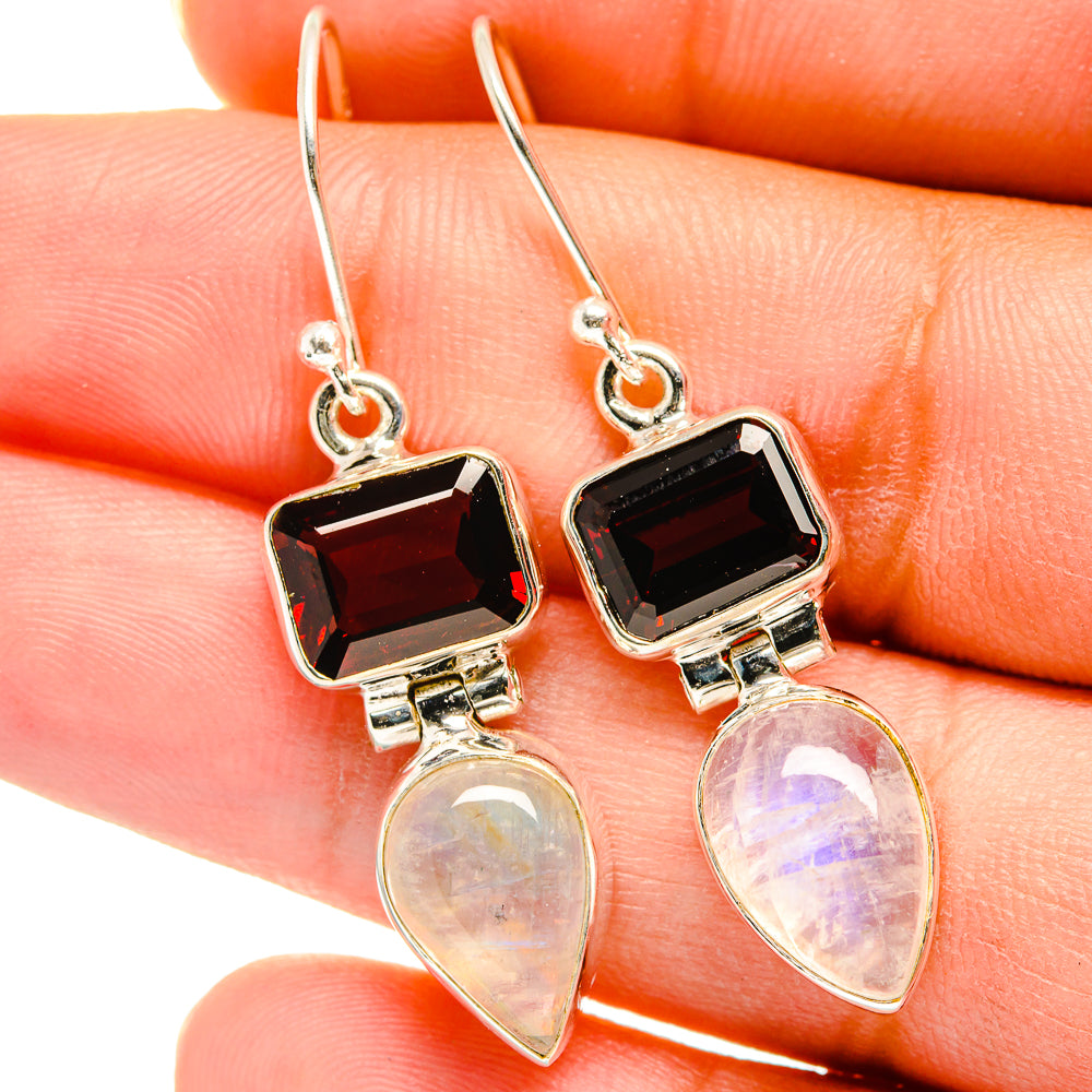 Sterling silver drop earrings with dark red square stone and pearly iridescent moonstone